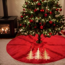 Christmas Tree Skirt 24 inch for 3-4 Ft Tree Luxurious Velvet Xmas Tree Skirt Christmas Gold Christmas Trees Pattern Village Decorations Home Hoilday Decor(Red, 24")