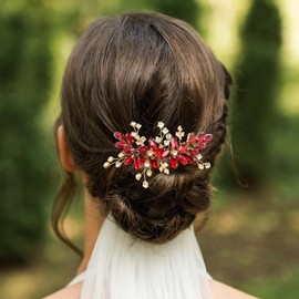PRETTYLIFE Bridal Crystal Side Comb Wedding Rhinestone Flower Hair Pins Pieces Accessories for Women Prom (Red Rhinestone Gold Comb)