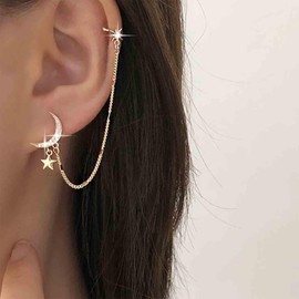 Cybche Boho Crystal CZ Northstar Cuff Chain Earrings Paved Moon Chain Cuff Earrings Star Cartilage Tassel Earrings Gold Star Dangle Ear Clip Earrings Jewellery for Women, Zinc, No Gemstone