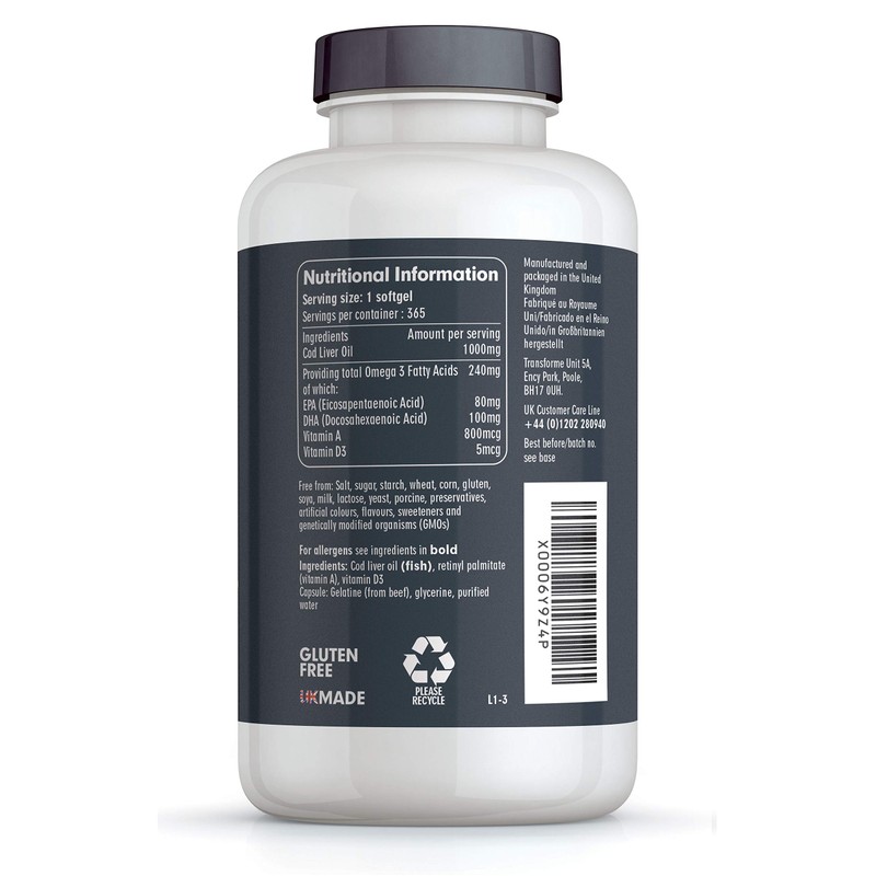 Transforme Cod Liver Oil Capsules 1000mg 365 High Strength Omega