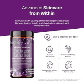 ResVitále Collagen Enhance - Suplemento de belleza con ácido hialurónico y resveratrol - 120 cápsulas