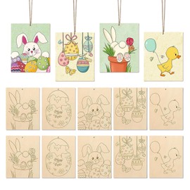 DIELIANHUA 10 Pieces Wooden Pendants Easter for Painting, Easter Crafts Wood, Unfinished Easter Pendants Wood, DIY Rabbit Duck Egg Easter Decoration with String, Easter Crafts Children Bricolages