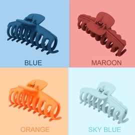Trullip Large Hair Clips for Women, Big ClawClips, Double Row Clips for Thick Curly Hair, Non-Slip Hair Claw in Matte Finish(Blue, Maroon, Orange Blue)(Pack of 4)