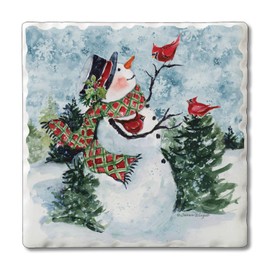 Thirstystone Snowman Perch Single Tumbled Tile Stone Coaster with Protective Cork Backing Manufactured in The USA 4" Square, Artistic, Easily Wipes Clean