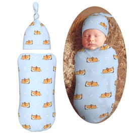 Muishi Cartoon Sleep Corgi Cute Blue Newborn Swaddle Blankets Hat Sets Soft Baby Receiving Blanket Swaddle Sack for Baby Shower Infant Boy Girl Gift