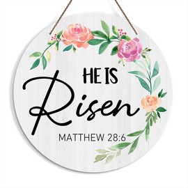 Easter Welcome Decorative Sign, He Resurrection Wall Sign, Christian Wooden Hanging Sign With Rope, He is Risen Wall Art Decoration for Farmhouse Porch Garden Patio, Easter Gifts for Family Friends