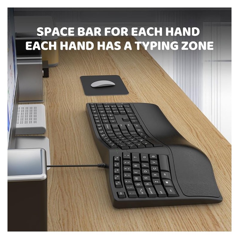 SurnQiee Ergonomic Keyboard Wired with Cushioned Wrist Rest, 110 Keys