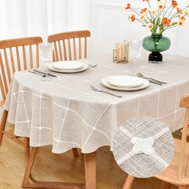 NEWISHER Farmhouse Embroidered Plaid Tablecloth Lattice Fabric Table Cloth Oval Rustic Brown Checkered Table Cover Dining Kitchen Home Decor Party 60 x 102 inch