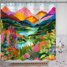 She Love Mountain Abstact Shower Curtain Nature Forest Lake Watercolor Art Painting Landscape Colorful Green Shower Curtain with Metal Hooks 72x72 Inch Waterproof Polyester Bathroom Curtain