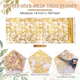 Oudain Gold Table Runner 14 Inch Wide Sequin Glitter Table Runner Roll Metallic Mesh Gold Foil Party Decor for Table Centerpieces Decorations Wedding Birthday(100 ft, 2 Rolls)