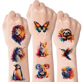 CharmeFleur Watercolour Animals Temporary Tattoos for Children - 60 Designs for Girls and Boys Body Arm Shoulder Tattoo Stickers, Birthday Party Decor