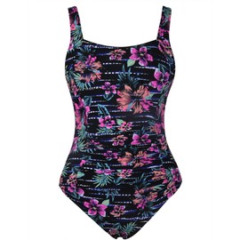 Firpearl - Traje de baño de una pieza para mujer, color negro, con control de abdomen, Negro y rojo floral., 16