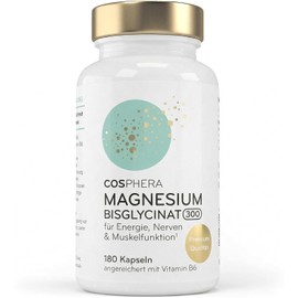 COSPHERA® Magnesium Bisglycinate [300 mg] with Vitamin B6 (P-5-P) - 180 Vegan Capsules - High Bioavailability (Chelate) - No Unnecessary Additives - for Energy, Nerves & Muscles