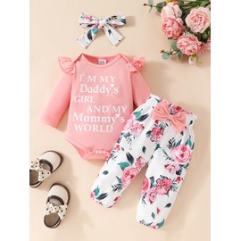 Edhomenn Baby Girls 3 Piece Fall Outfit Long Sleeve Romper and Floral Long Pants with Bow Headband (B-Pink, 12-18 Months)