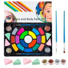 Children's Face and Body Paint Set for Make-Up for Children and Adults, 19 Make-Up Colours (8 Shimmering Colours), 4 Glitter Powders and 2 Brushes and 4 Sponges