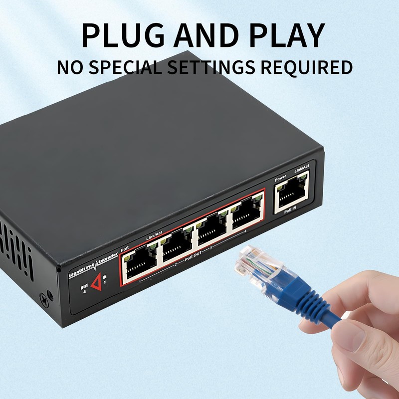 60W 4-Port Gigabit PoE Switch/Extender PoE Splitter Repeater, 10/100/1000Mbps, Supports
