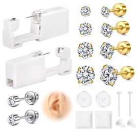 AVYRING Ear Piercing Set, 2 Pieces Painless Disposable Ear Piercing Gun for Men and Women, Piercing Gun, Self-Piercing Set with 3/4/5/6 mm Stud Earrings, Gold, Silver, Stainless Steel