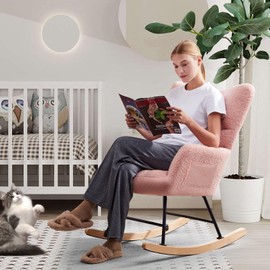 SoarFlash Nursery Rocking Chair Teddy Fabric Glider Chair Upholstered Rocker Accent Armchair with High Backrest and Solid Wood Legs for Nursery Bedroom Living Room Office(Pink)