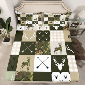 Camo Deer Antlers Kids Fitted Sheet Twin Size,Animal Arrow Silhouette Bedding Set,Girls Boys Adults Bedroom/Xmas Decor,Lattice Patchwork Bed Cover,Boho Army Green Bed Sheet,2pcs,1 Pillowcase