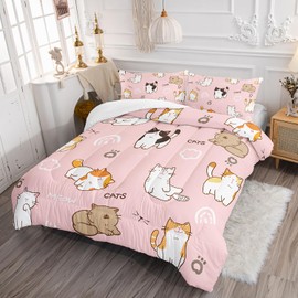XYNHML Kids Cute Cat Comforter Set Queen Size 3Pcs Cartoon Pet Cat Paw Bedding Set Lovely Animal White Cloudy Quilt Bed Set for Children Girls Boys Room Decor