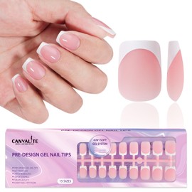 Canvalite Fench Tip Press on Nails - White French Tip Press on Nails Pink Short Square Shape Nail Tips, Fake Nails Extensions Nail Art DIY