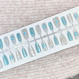 Handmade Press on Nails Blue Glitter Fake Nails Short Almond Glue on Nails with Star Bow Design Rhinestone Stick on Nails Artificial Acrylic Full Cover Glossy False Nails for Women Manicure 30Pcs