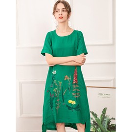 Minibee Women's Embroidered Linen Dress Summer A-Line Sundress Hi Low Tunic Clothing Green XL