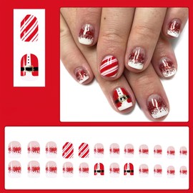 Mkwntg Christmas Press on Nails Short Square Fake Nails with Red Glitter Design White French Tip Glue on Nails Cute Santa Clothing Stick on Nails Glossy Red White Stripes Glue on Nails for Women 24Pcs