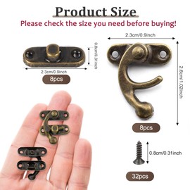 Misuyue 8pcs Mini Swing Arm Clasp Latch Vintage Bronze Left Latch Hook Hasp, 26 x 23mm Lock Clasp for DIY Suitcase Toolbox Wooden Case Jewelry Box