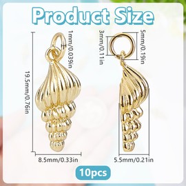 HOBBIESAY Pack of 10 Golden Spiral Shell Pendants 19.5 mm Summer Hawaii Ocean Theme Metal Brass Sea Beach Shell Pendant with Jump Ring for DIY Bracelets Earrings Necklaces, Brass