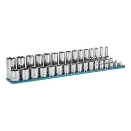 Capri Tools 3/8 in. Drive Master Chrome Socket Set, 6-Point, 8 to 22 mm, Shallow and Deep with Billet Aluminum Rail