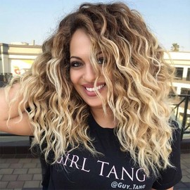 Long Brown Mixed Blonde Wigs for Daily Use Fashion Ombre Heat Resistance Synthetic Curly Wavy Wig Cosplay Party Wig for Women