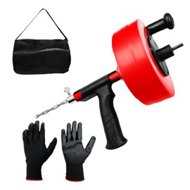 Drain Auger, 50 FT Plumbing Snake Clog Remover, Drain Snake with Drill Attachment, Heavy Duty Steel Drum Sink Snake Drain, Manual or Powered Use for Kitchen, Sink and Shower, w/Gloves and Storage Bag