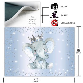 Avezano Boy Elephant Backdrop for Baby Shower Party Photography Background Blue and Silver Glitter Dots Crown Prince Elephant Baby Shower Decorations Backdrops for Photoshoot (7x5ft)
