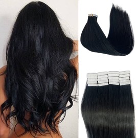 20inch Black Tape Ins Human Hair Extensions 20 Pieces Double Sided Tape in Extensions Human Hair Jet Black Hair Extensions Human Hair 50 Grams