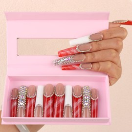 Handmade Press on Nails Power,Red & White Nails with Crystals, Extra Long False Nails, Reusable Stick On Nails 10Pcs,Size M