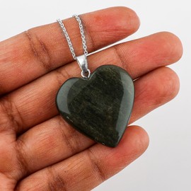 Natural Golden Sheen Obsidian Heart Shape Crystals Pendant Necklace, Chakra Energy Healing Gemstone, Christmas Gift, Birthstone, Beautiful Women Simple Jewelry, Silver Plated Jewelry 18 inch
