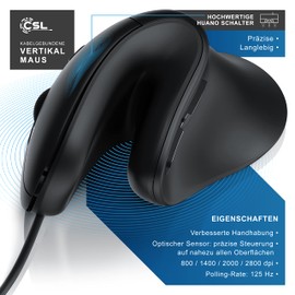 CSL - optische Maus - Mouse Vertikale Ausführung - Computermaus USB kabelgebunden - 800-3200 DPI - Vertikalmaus - ergonomisches Design - Vorbeugung gegen Mausarm Tennisarm - mit Kabel - PC und MAC