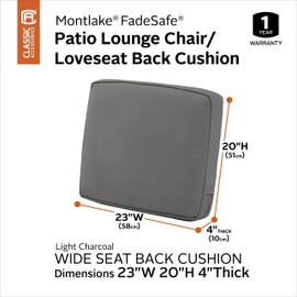 Classic Accessories Montlake Water-Resistant 23 x 20 x 4 Inch Patio Lounge Back Cushion, Light Charcoal Grey
