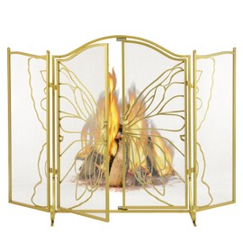 BEAMNOVA Gold Fireplace Screen with Door, 50 x 36 in 3 Panel Arched Mesh Freestanding Iron Stand, Rustic Vintage Butterfly Design, Spark Guard for Indoor Fireplace & Outdoor Fire Pit