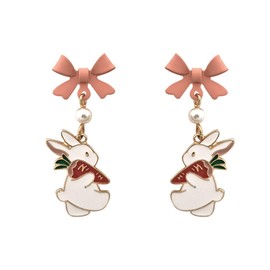 Zeshimb Cute Easter Bunny Earrings Pink Bow Bunny Carrot Dangle Earrings Vintage Pearl Rabbit Animal Drop Earrings Small Bowknot Bunny Statement Earrings Jewelry Gifts for Women