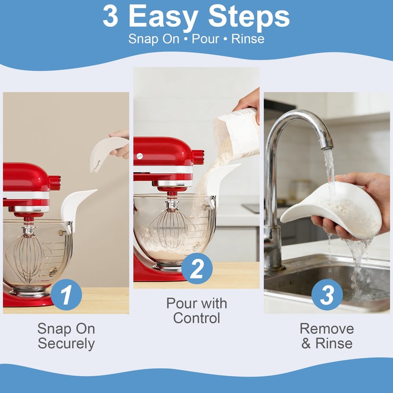 Flour Funnel for KitchenAid Stand Mixers, Clip-On Food-Grade Silicone Pouring