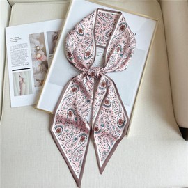 GIMIRO Satin Silk Scarf 148 x 13.5 cm Tie Double Layer Waistband for Blazer, Coat, Dress, Pink (pink floral)