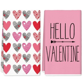 AnyDesign Valentine's Day Kitchen Towel Pink Heart Dish Towel 18 x 28 Inch Happy Valentine Hand Drying Tea Towel for Wedding Anniversary Cooking Baking, 2Pcs