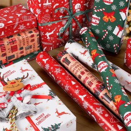 JinhzWin 4 Rolls Christmas Wrapping Papers, Large Roll Christmas Party Favors with Snowflakes, Reindeer, Gift Box, Snowman, Christmas Ball and Text Design (30 Inch X 16.4 Feet Per Roll)