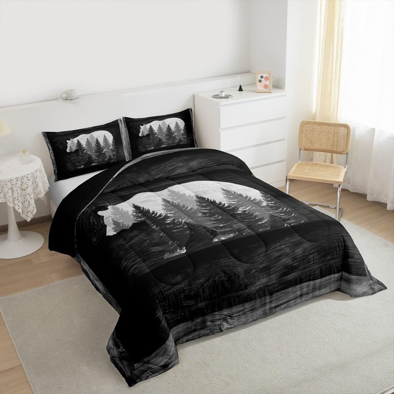 Castle Fairy Lodge Cabin Comforter Set Gray Bear Pine Tree