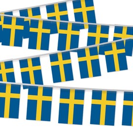32FT Sweden Pennant Small Flag Bunting,30 PCS Mini String Banner Stripes Swedish Decor Rectangle for Holiday Restaurant Home Party School