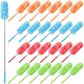 Tanlade 24 Pcs Microfiber Duster for Cleaning Duster with Extension Pole 13-31 Inch Extendable Duster Ceiling Fan Duster Washable Bendable Cleaning Tool for Office Car Window Furniture, 4 Colors