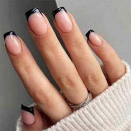 24PCS False Nails- Black French Short False Nails Pattern false nails stick on nails for women impress nails press on - Fashion Nude Fake Nails Short with Nail Glue - stick on nails short - Artifi