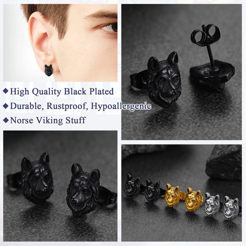 Norse Viking Wolf Stud Earrings Stainless Steel Retro Fenrir Ear
